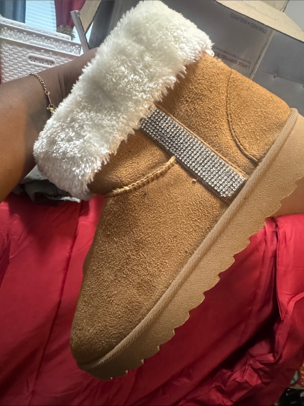 Cozy Faux-Suede Fleece-Lined Ankle Boot in Chestnut with Crystal Strap